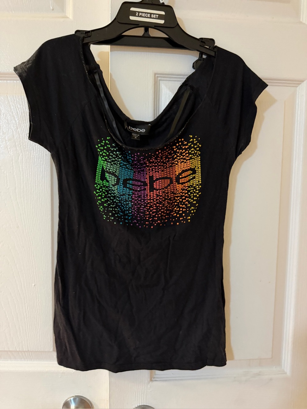 bebe Black Short Sleeve Logo Tee with Rainbow Dot Print